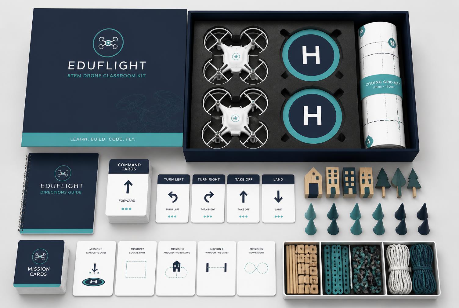 An open DroneDash STEMWORKS classroom kit showing protected microdrones, landing pads, a coding grid mat, command cards and mission materials