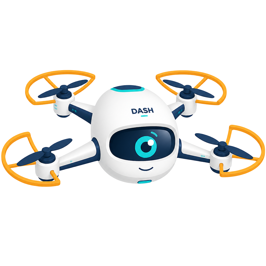 Dash, the friendly DroneDash STEMWORKS educational drone mascot