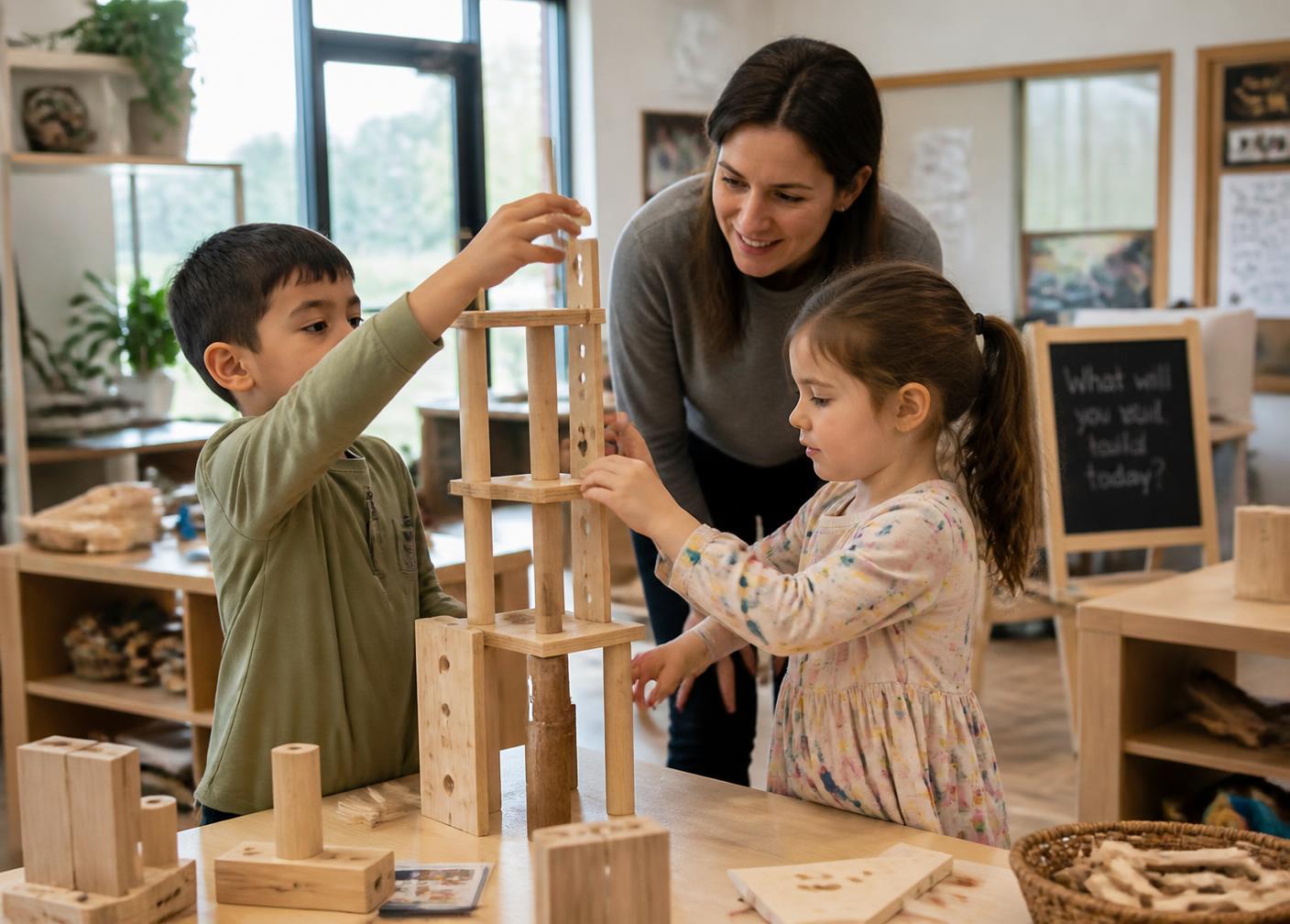 Two preschool children building a tall structure from wooden engineering materials while a teacher observes