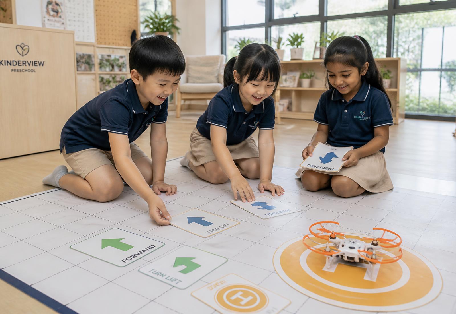 Preschool children kneeling on a large floor grid, arranging physical command cards beside a protected educational microdrone on a landing pad