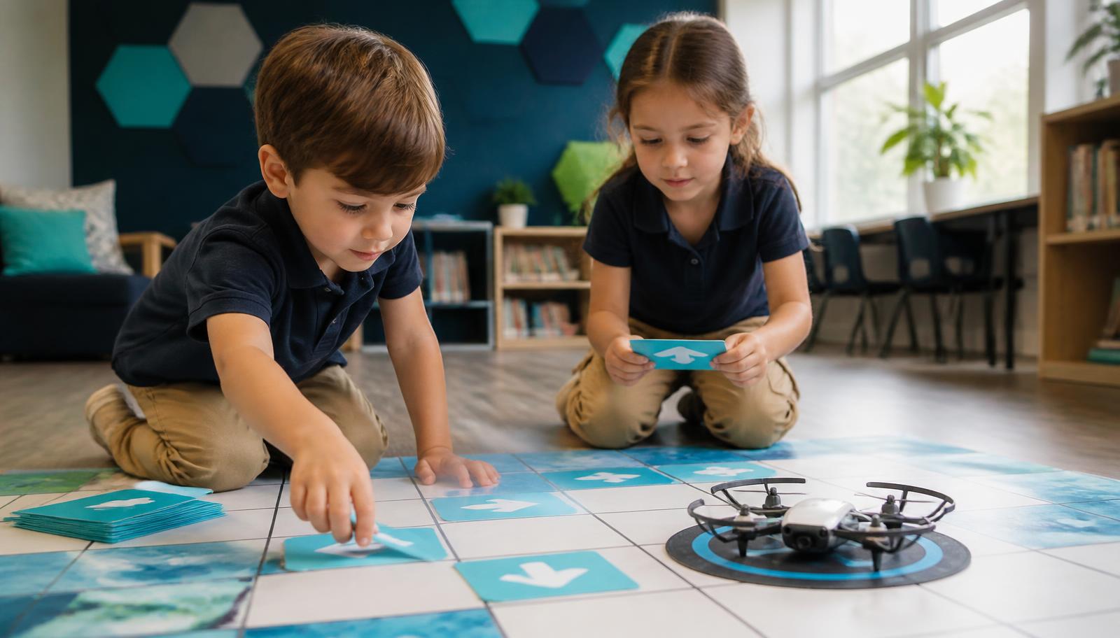 Two preschool children arranging printed command cards on a floor coding grid beside a protected educational drone