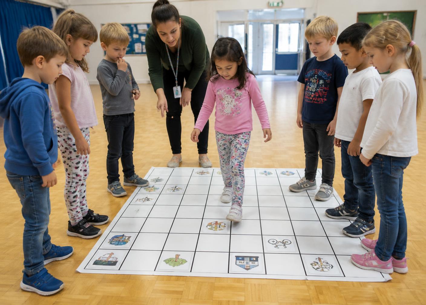 A group of preschool children discussing a route while one child steps across a large floor grid as the human drone