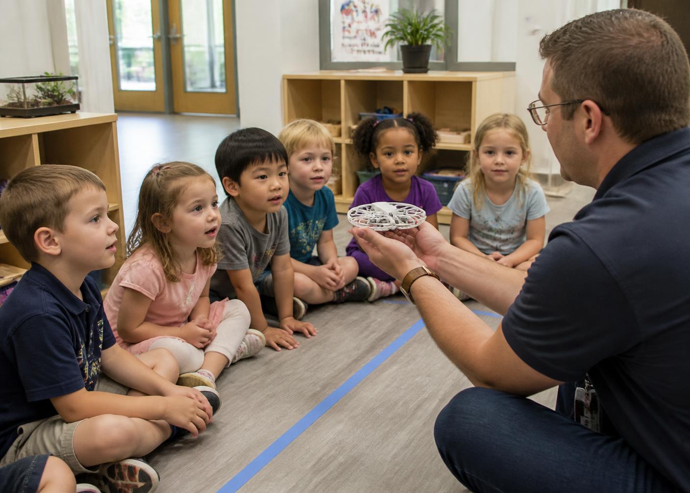 An instructor holding a protected educational microdrone at a safe distance while preschool children watch from behind a marked floor line