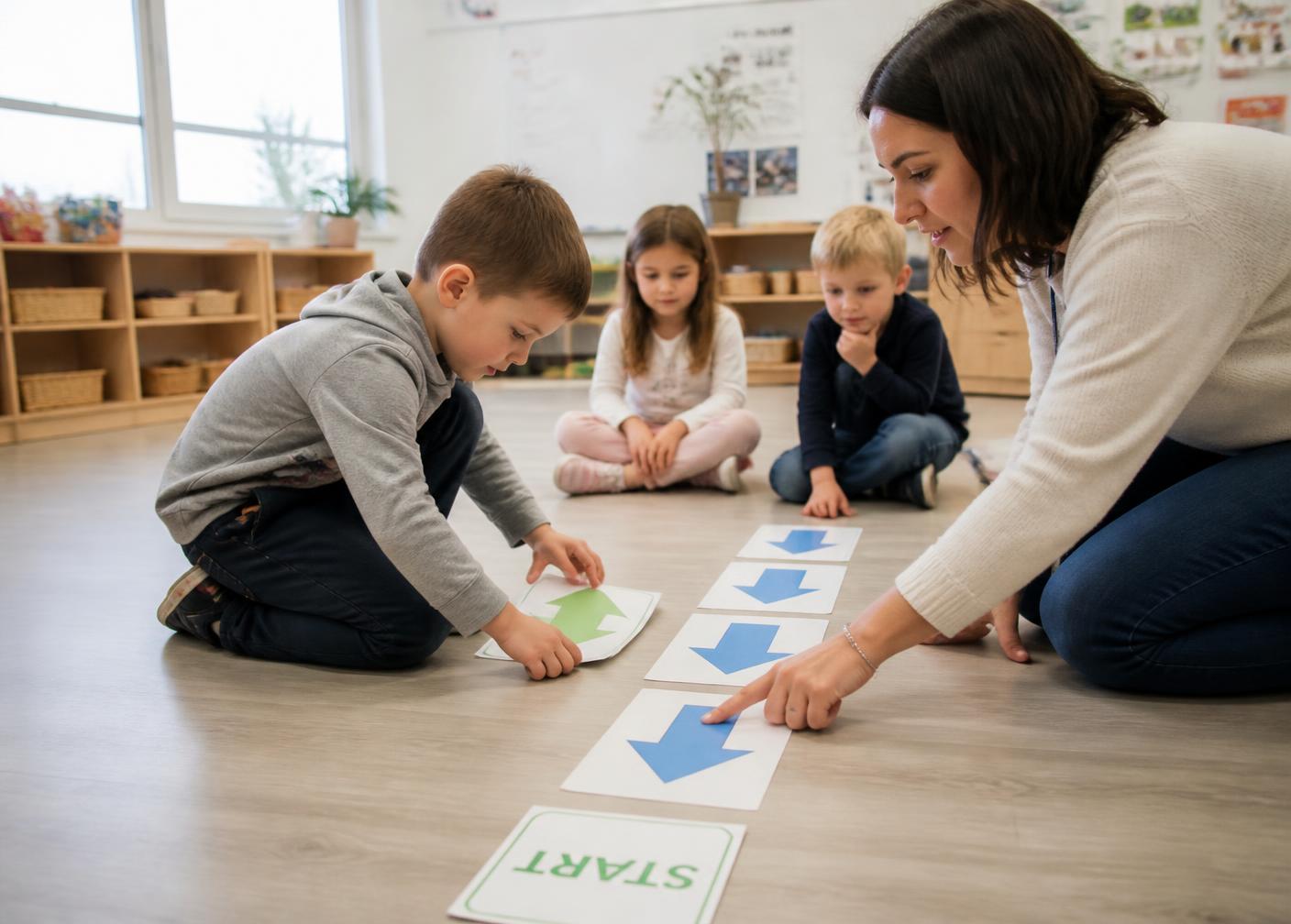 Preschool children laying out a sequence of printed direction cards on the classroom floor while a teacher guides them